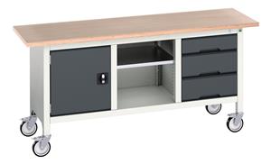 verso mobile storage bench (mpx) with cupboard / mid shelf / 3 drawer cab. WxDxH: 1750x600x830mm. RAL 7035/5010 or selected Verso Mobile Work Benches for assembly and production